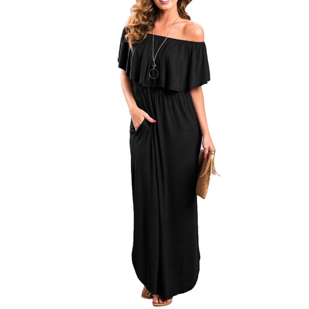 Off Shoulder Ruffle Maxi Both Side Split-Pockets